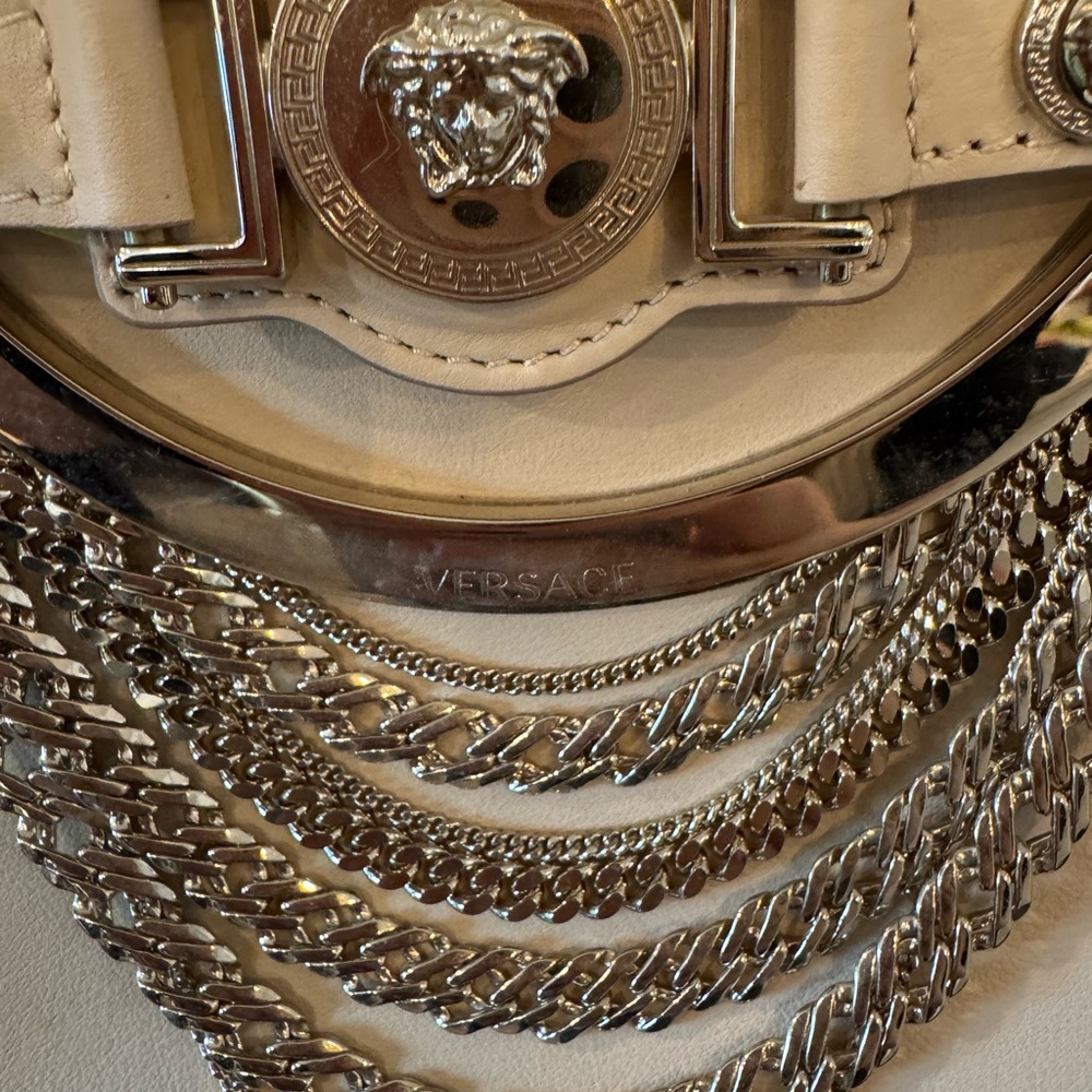 Versace Medusa Signature Satchel DBFD705 Cream Yellow Leather Chain Tote Purse - Picture 6 of 16